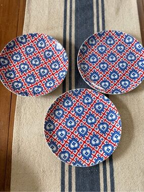 3 Taste Setter Collection Blue Hearts Red White Stripe Side Salad Plates 7 5/8”